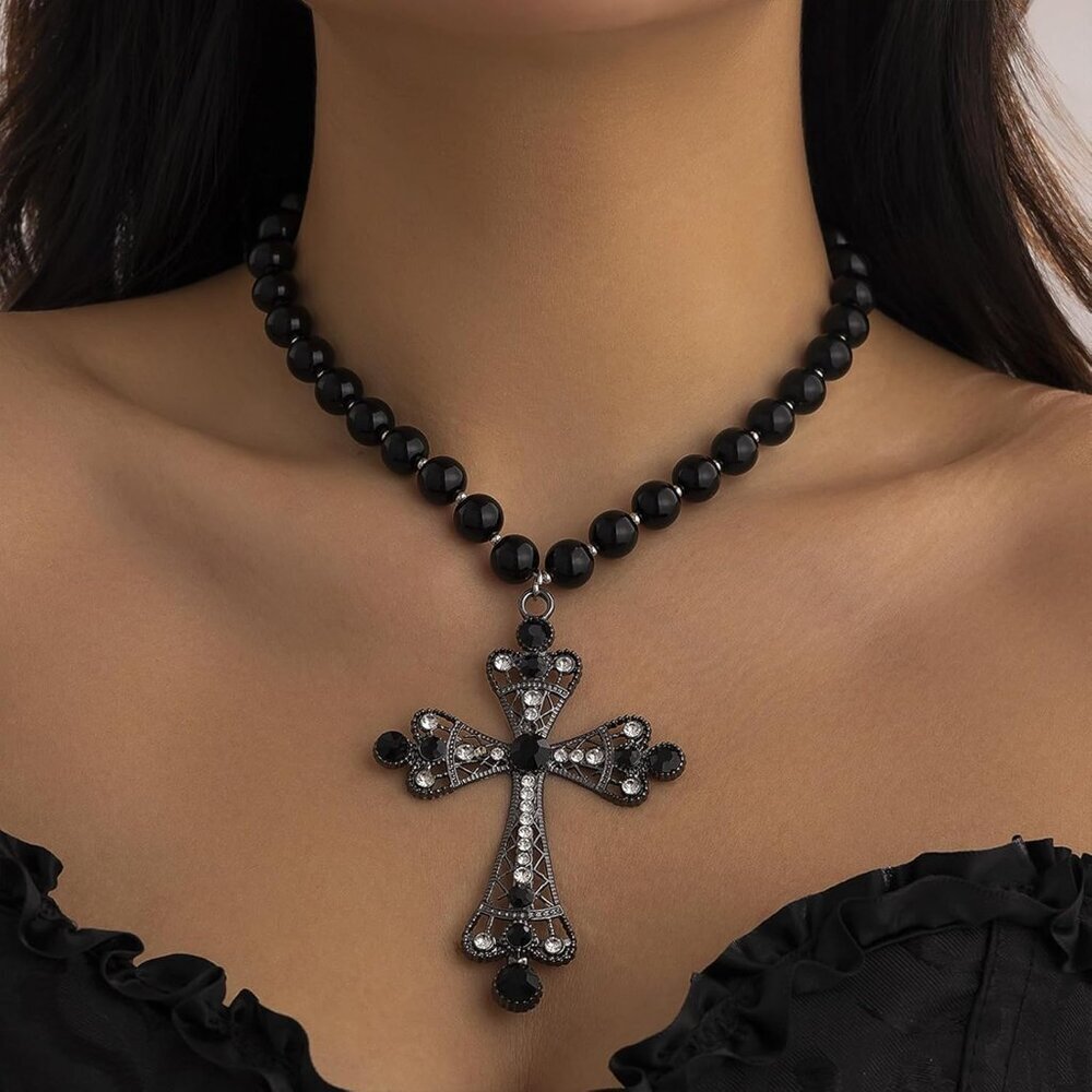 Women Black Pearl Cross Necklace - Chunky Gothic Punk Vintage Cross Jewelry - Picture 4 of 8